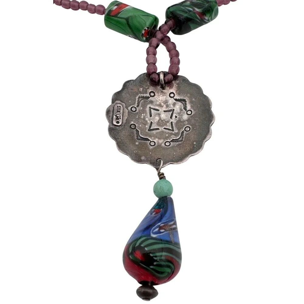 Signed‎ Carlisle Sterling Necklace Beads Gemstones Star Native American Rare 53